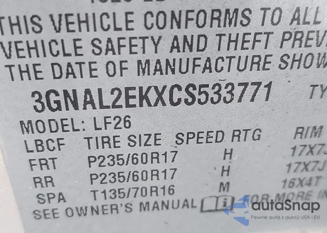 2012 Chevrolet Captiva Sport 2Ls z USA, uszkodzony, nr VIN 3GNAL2EKXCS533771